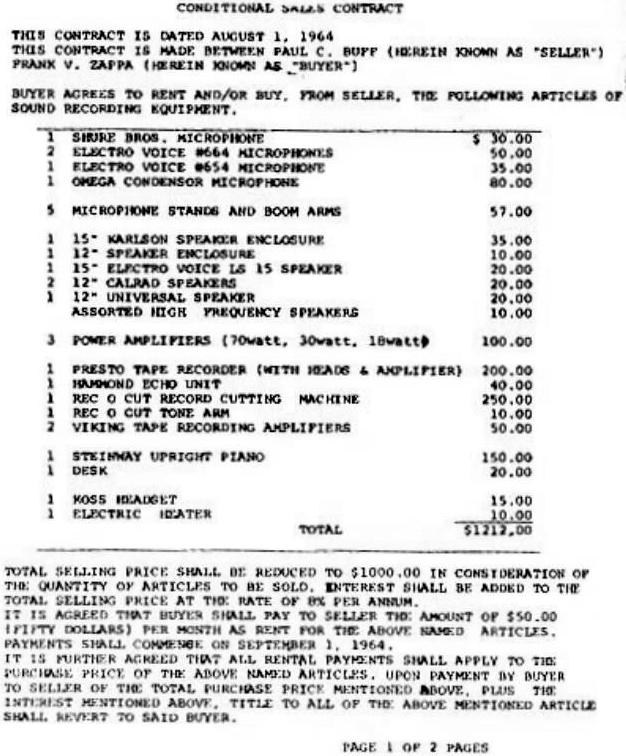  Contrato de venta entre Paul Buff y Frank Zappa