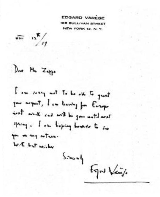  Carta de Edgard Var&egrave;se a Frank Zappa